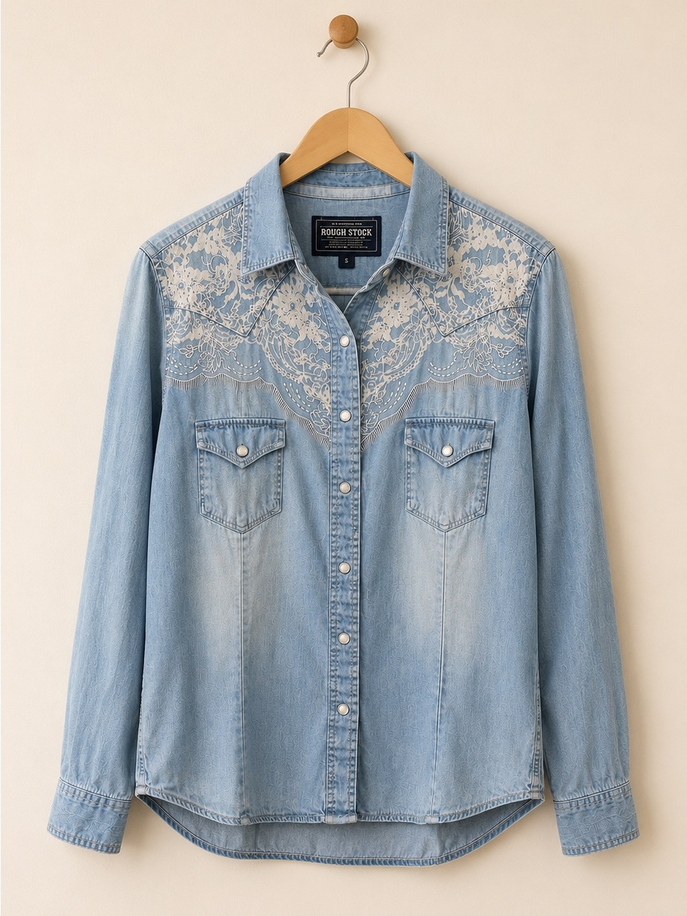Rough Stock Denim Lace Western Snap Shirt Small Boho Cowgirl Chambray